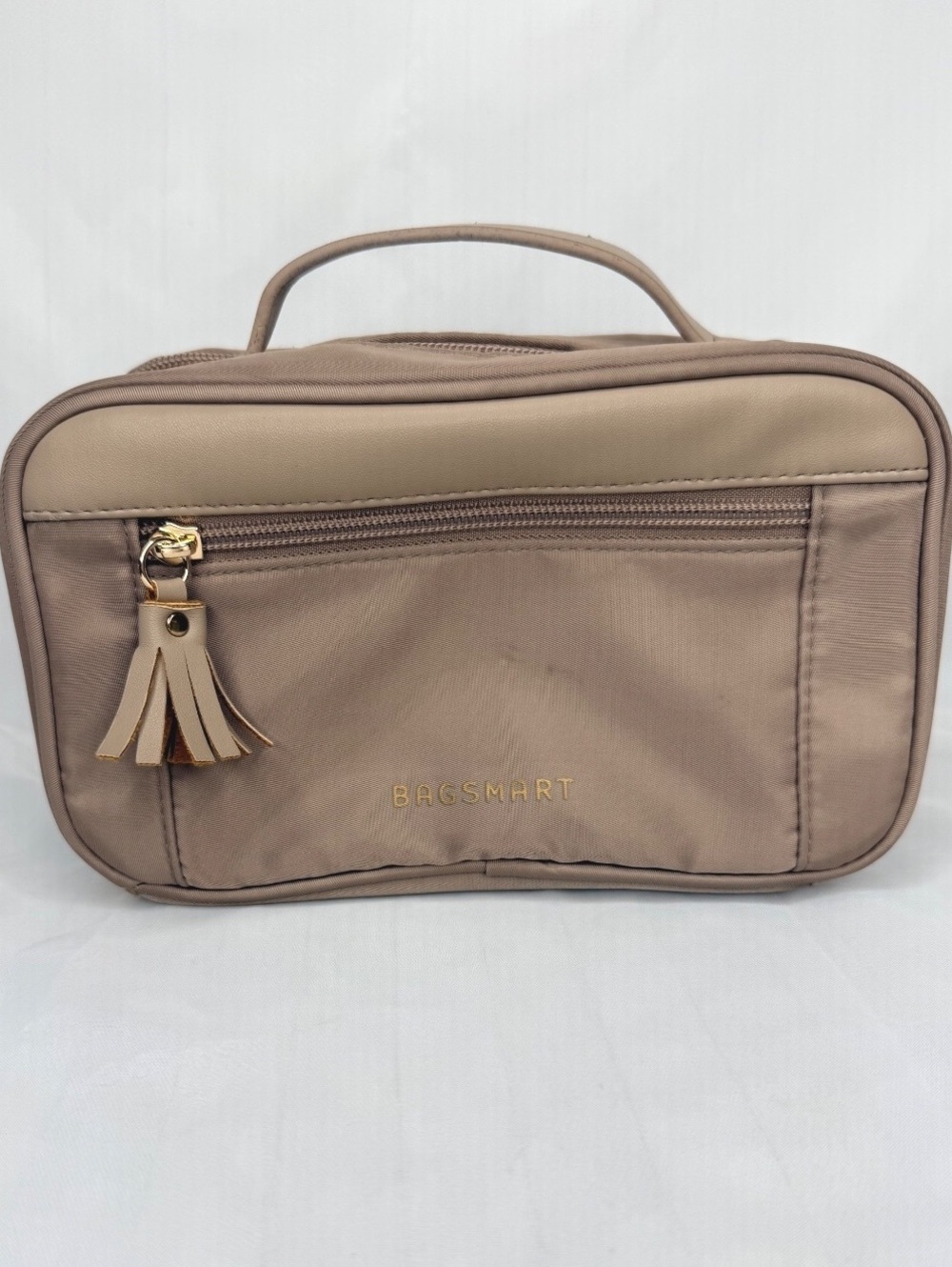 BAGSMART Beige Double Compartment Travel Makeup Cosmetic Bag Organizer